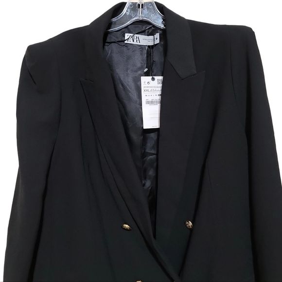 ZARA Black Padded Shoulder Double Breasted Blazer with Gold Buttons Sz XXL - Picture 7 of 12